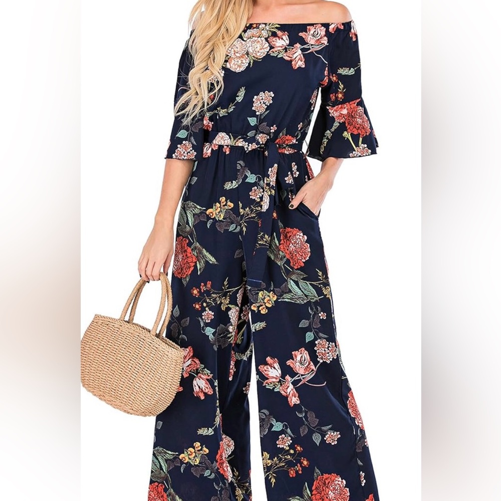 Love Welove Fashion Floral Off Shoulder Jumpsuits XL